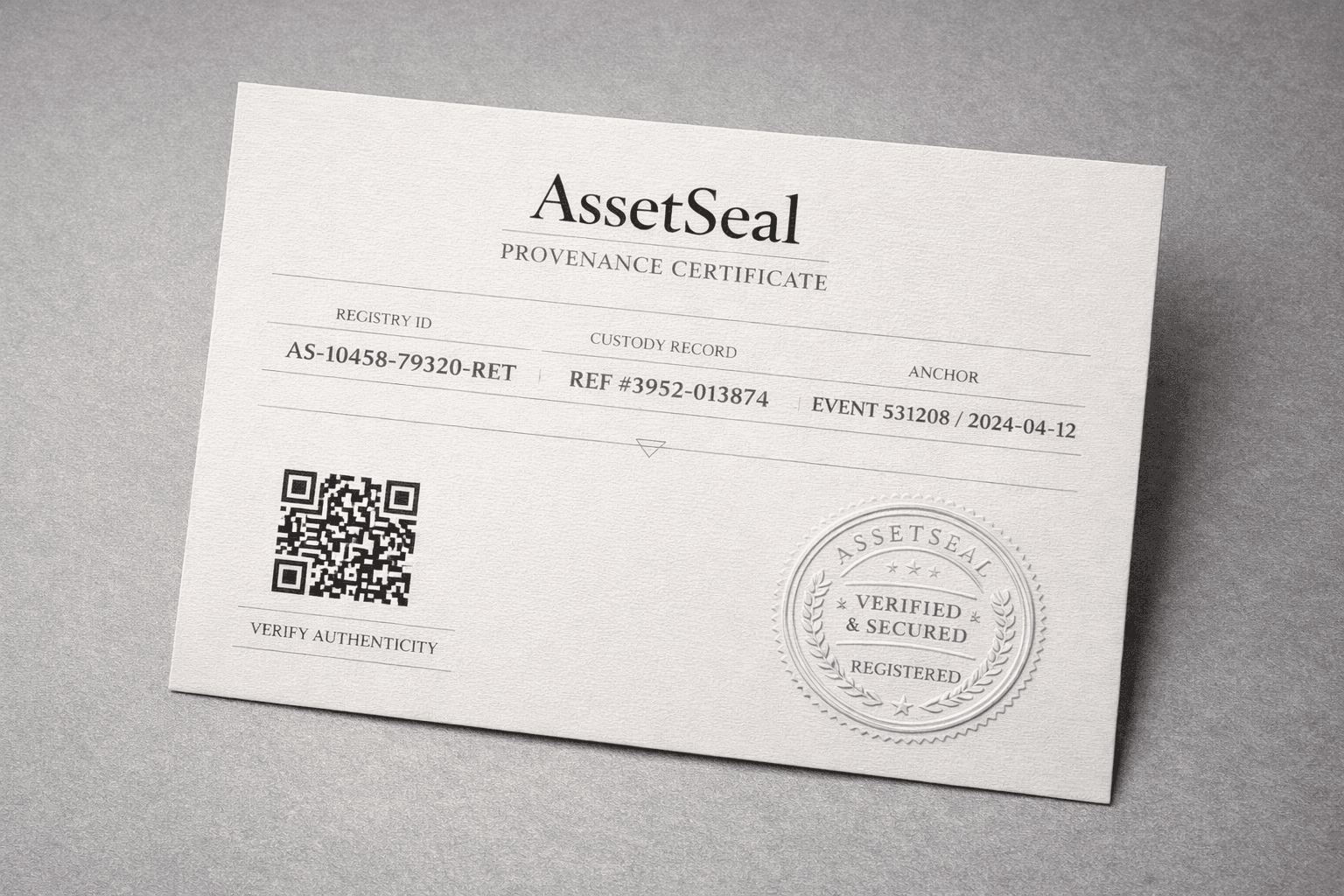 AssetSeal provenance certificate (registry format) with QR verification and embossed seal.