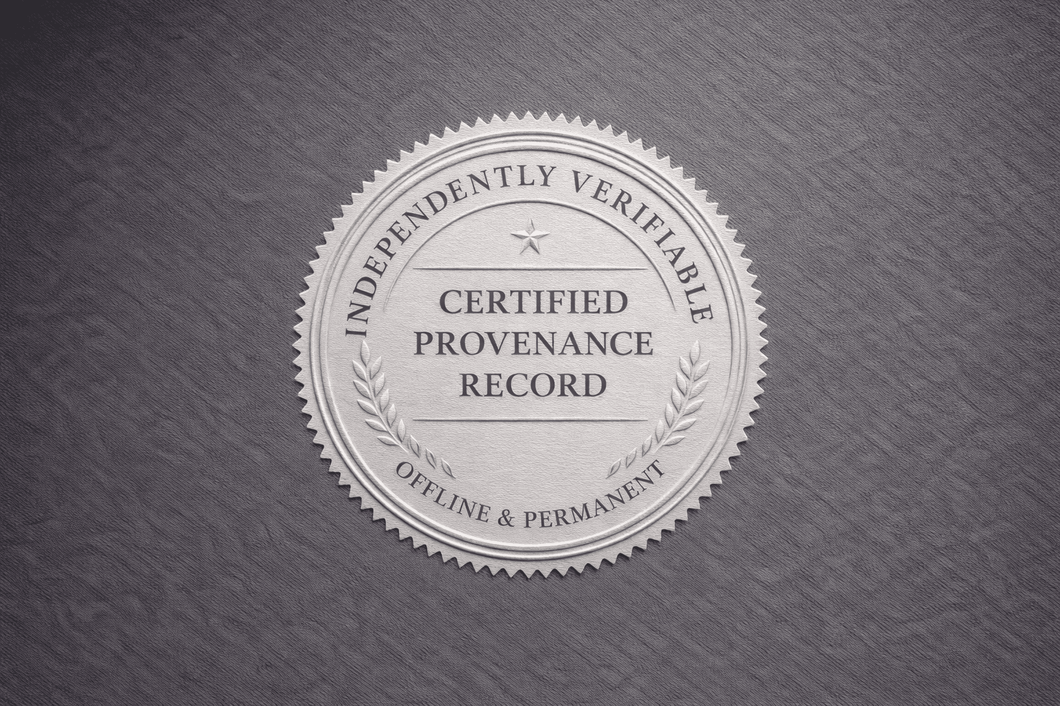 Embossed seal indicating independently verifiable certified provenance record.