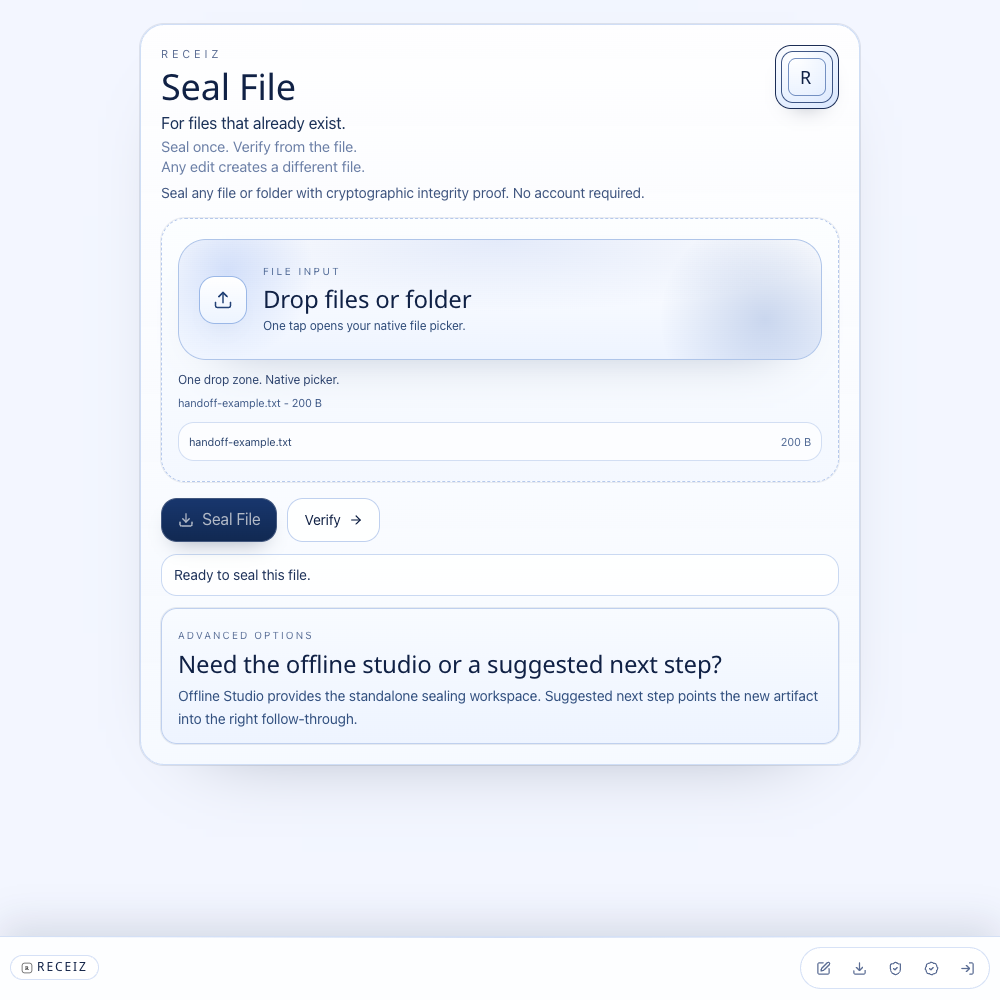 Actual Receiz Seal File interface with the synthetic handoff-example.txt selected.